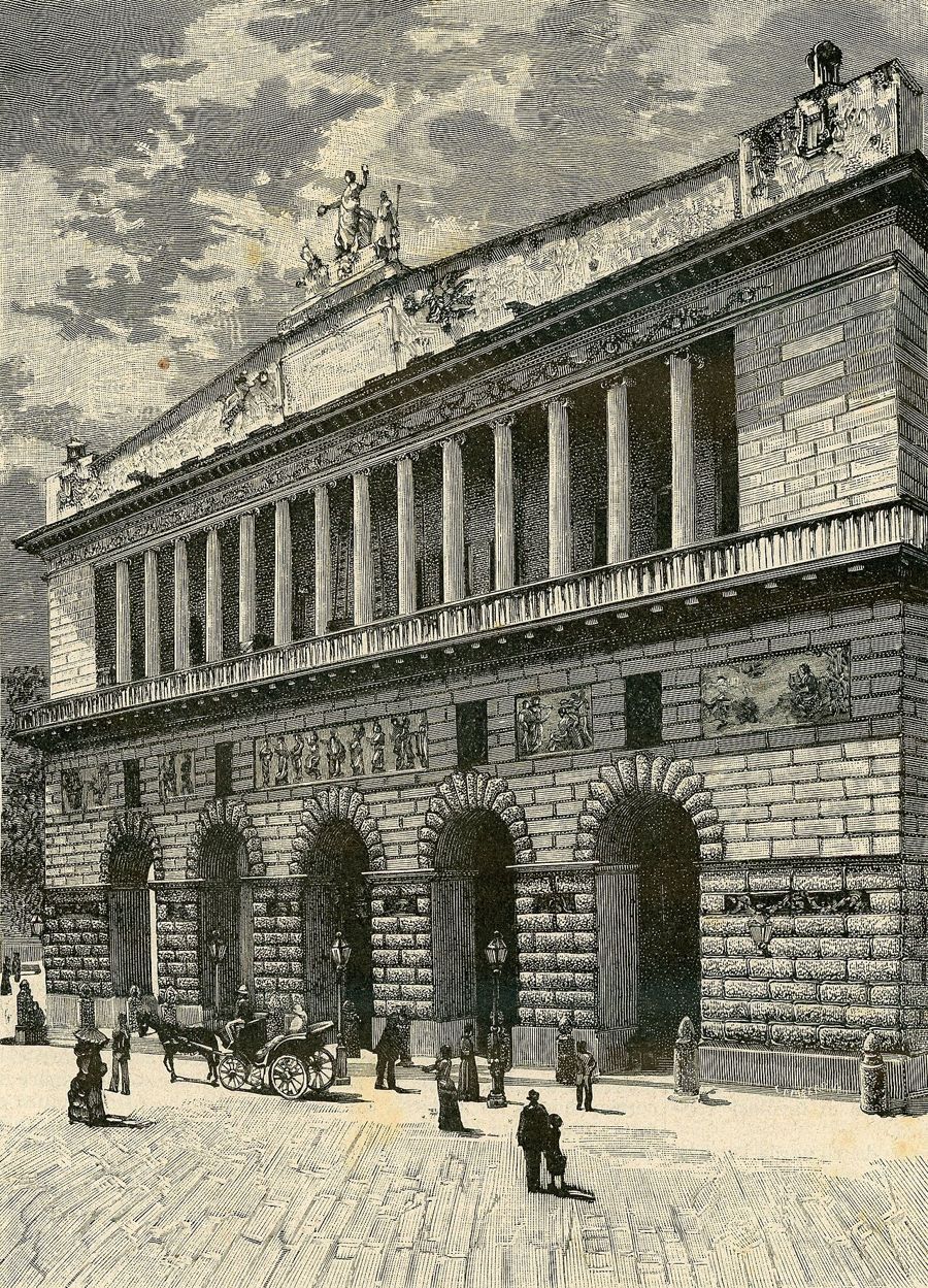 Incisione ottocentesca della facciata neoclassica del Teatro di San Carlo, con colonnato e carrozze in strada